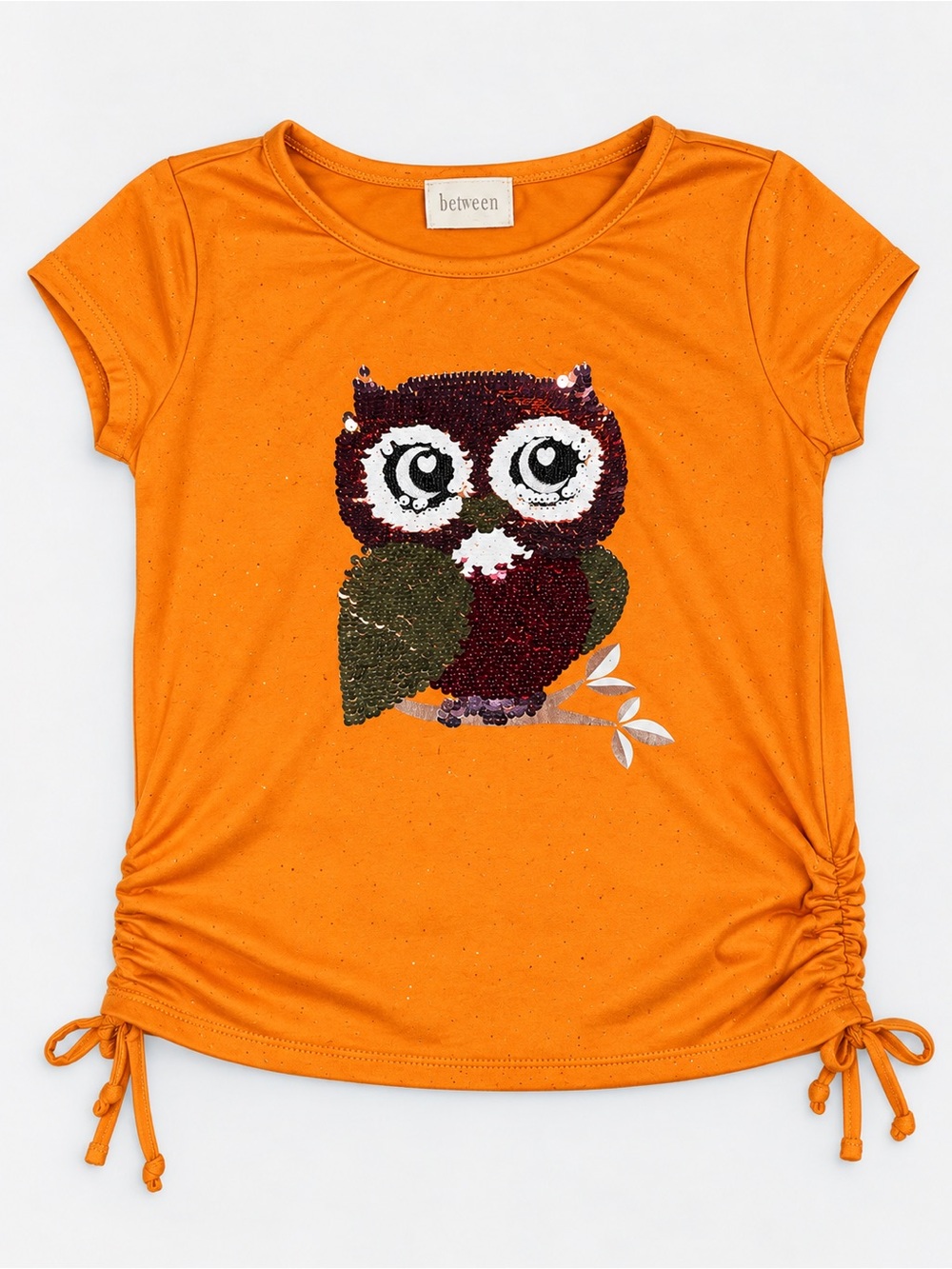 Btween Girls Size 8 Orange Reversible Sequin Owl Ruched Side Top